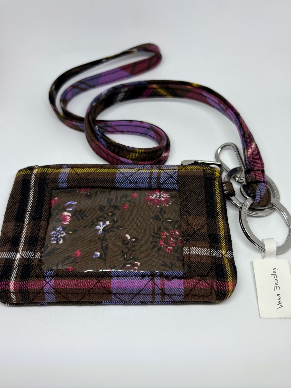 Vera Bradley Quilted Zip ID Case and Lanyard in Cozy Plaid Pattern